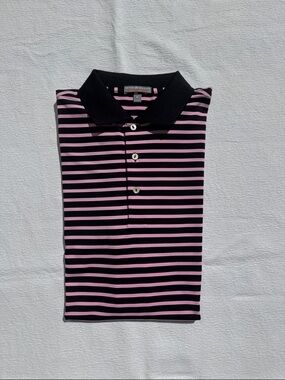 NWOT Peter Millar Men's Pink and Black Striped Polo Shirt M